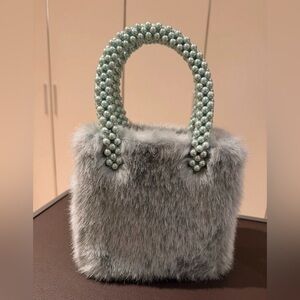 Shrimps Gray Faux Fur Mini Bag with Pearl Handle
